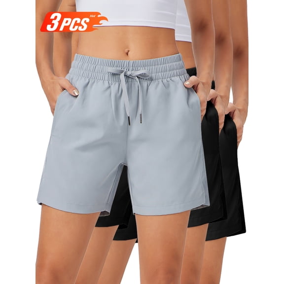 3 Pack 5" Womens Athletic Shorts Quick Dry Lightweight Gym Running Shorts with Pockets Black-Black-Light Grey XXL