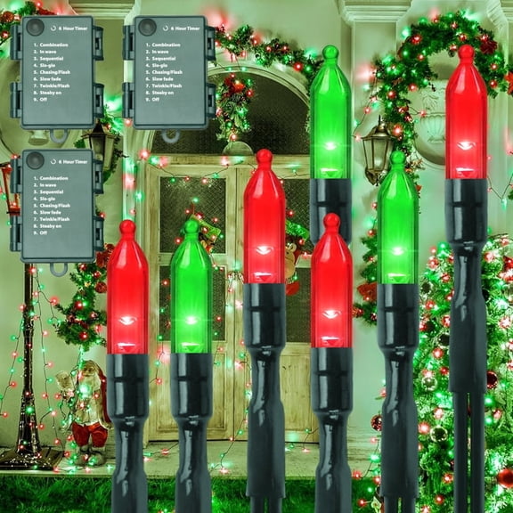 3 Pack 50 LED Outdoor Christmas Lights, 16 FT Mini String Light with 9 Modes & 6 Hour Timer, Waterproof Battery Operated for Indoor Outdoor Patio Garden Party Tree Decoration, Red Green