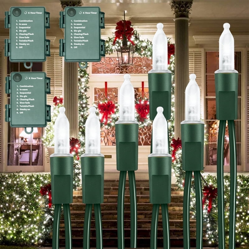 3 Pack 50 LED Outdoor Christmas Lights, 17 FT Battery Operated Mini String Light with 8 Modes & Timer, Xmas Tree Waterproof for Patio Garden Party Wedding Holiday Decor (White)