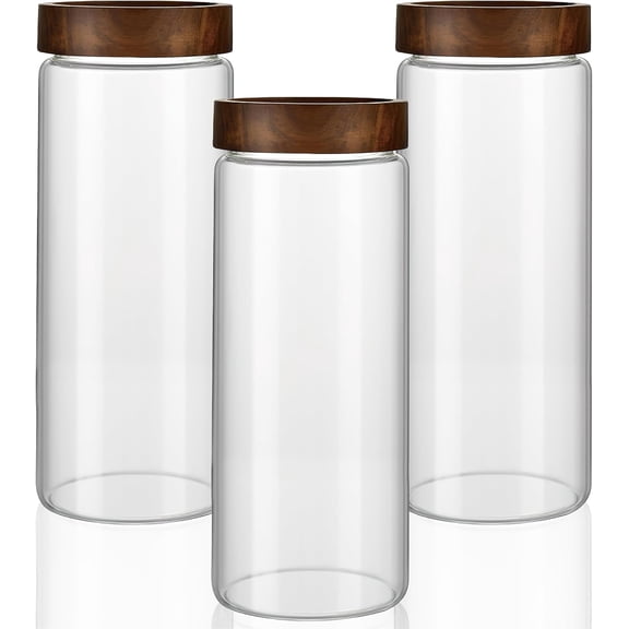 3 Pack 50 fl oz/1500 ml Clear Glass Canisters with Airtight Wooden Screw-On Lids, Large Tall Decorative Storage Jars for Coffee, Nuts, Tea, Candy, Cookies, Cereal, Sugar, Flour