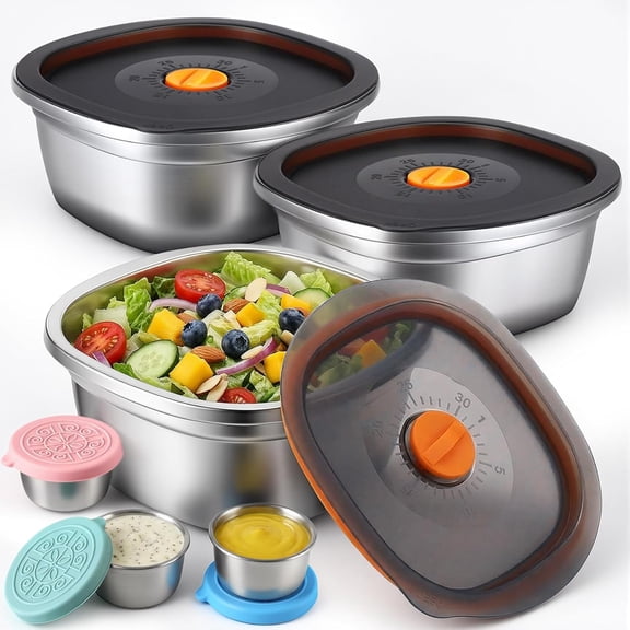 3-Pack 50 oz Large Stainless Steel Salad Bowls with Lids, Leakproof To-Go Lunch Containers with Dressing Cups, Airtight Metal Meal Prep Bowls, Portable & Durable, Dishwasher Safe