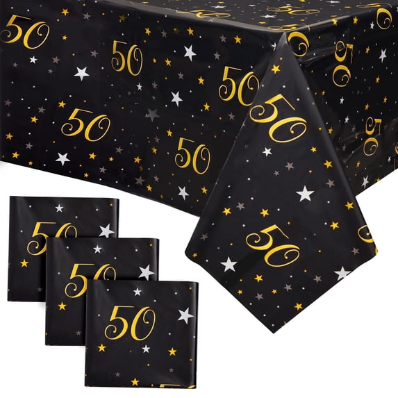 Juvale 50th Birthday Tablecloths - 3-Pack, 54 x 108 in, Black & Gold - 50th Birthday Decorations for Men & Anniversary Decorations - Disposable Plastic Table Covers
