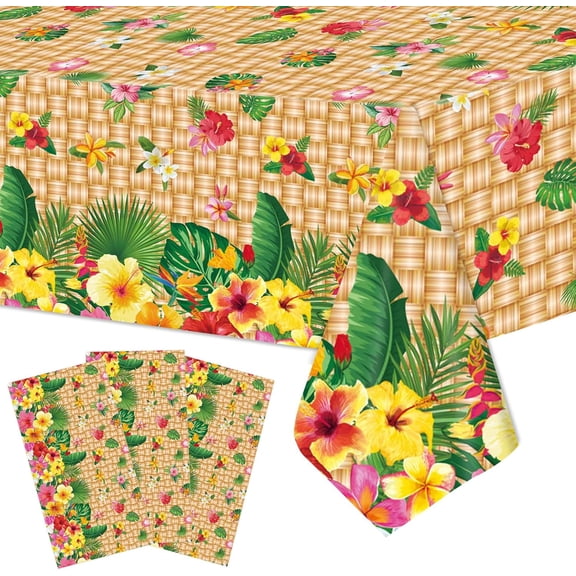 3 Pack 54 x 108 Inch Tropical Hibiscus Flowers Plastic Tablecloth – Disposable Rectangle Table Covers for Hawaiian Luau, Pool Beach Aloha Parties, Summer BBQ, and Luau Themed Birthday Decorations