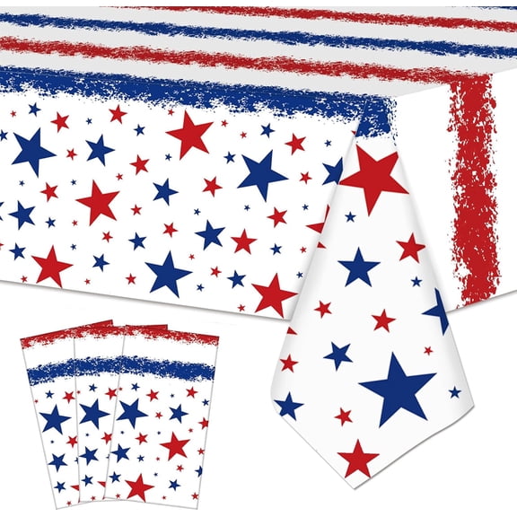 3 Pack 54 x 108 Inch Watercolor Red, White, and Blue Stars Plastic Tablecloth – Disposable Rectangle Table Covers for 4th of July, Memorial Day, Independence Day, and Patriotic Themed Celebrations