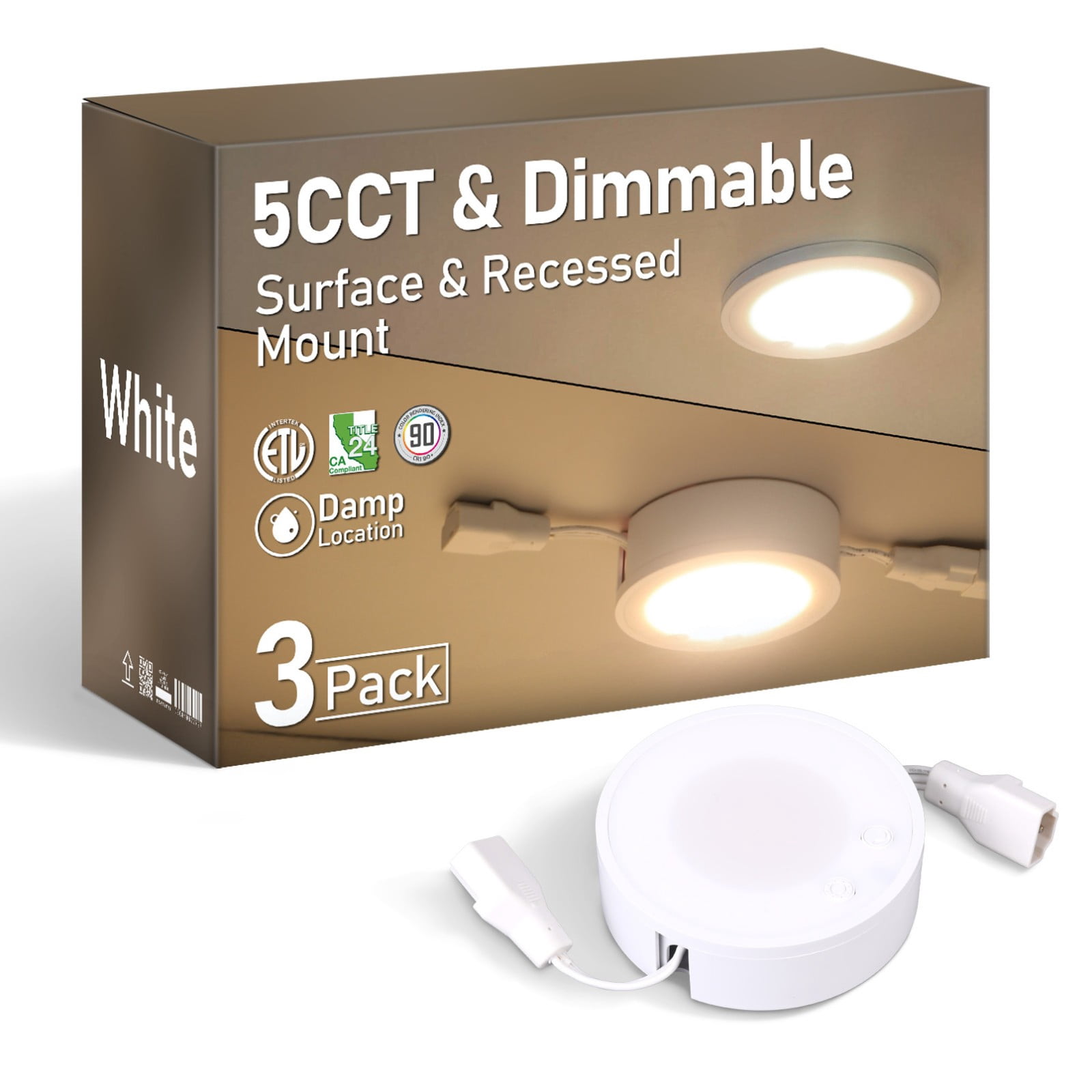 3 Pack 5W 5CCT LED Puck Lights, Surface or Recessed Mount, 120V Dimmable Linkable Under Cabinet Lighting, Plug-in Powered