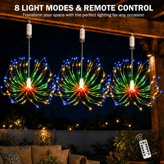 3 Pack 600 LED Firework Lights Battery Operated Waterproof IP65 Bendable Copper Wire Hanging String 8 Modes, Easy Setup for Indoor Outdoor Garden Christmas Decorations, Multicolor