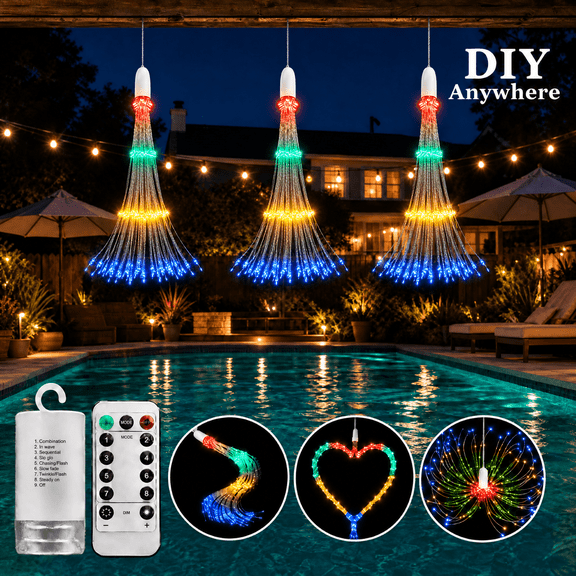 3 Pack 600 LED Firework Lights Battery Operated Waterproof IP65 Bendable Copper Wire Hanging String 8 Modes, Easy Setup for Indoor Outdoor Garden Christmas Decorations, Multicolor