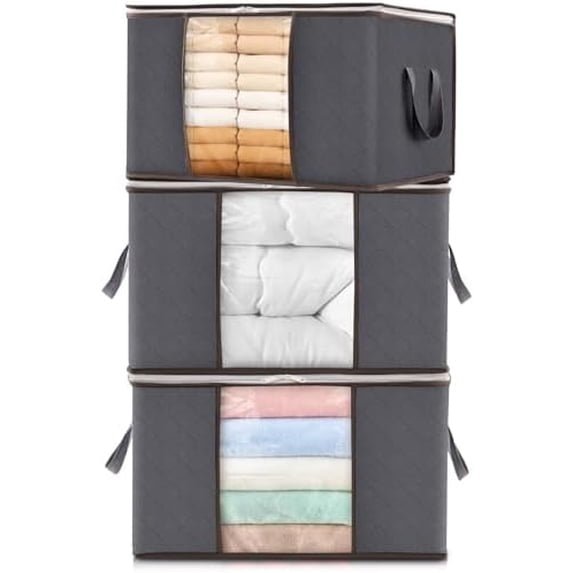 3 Pack 60L Clothes Storage Bins with Lids, Foldable Blanket Storage Bags with Zippers, Clear Window and Reinforced Handles, Closet and Organization for Clothing, Sweater, Comforter, Bedding