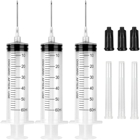 3 Pack 60ml Syringe with Needle 16G 1.5 and Cap, Luer Lock Syringes with Cap for Fluid Suction Injector, Drawing Oil, Fluid, Water, Lab