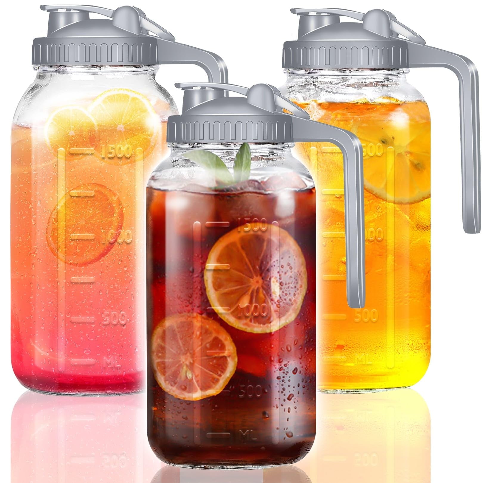 3 Pack 64 OZ Mason Jars with Lid, Glass Pitcher Double Leak Proof with Pour Spout Handle, 2 Quart Wide Mouth Breast Milk Pitcher for Fridge, Creamer Container for Coffee, Sun Tea, Juice（grey）