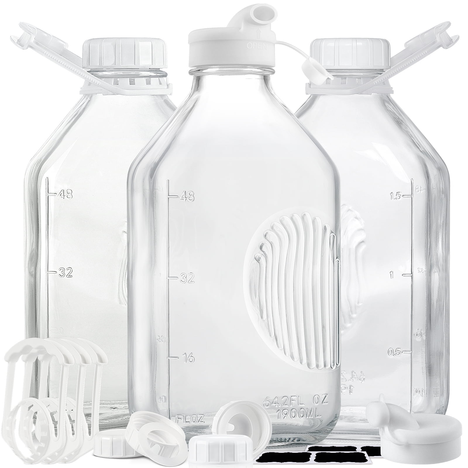 3 park 64 oz Syntic Reusable Glass Jars Milk Bottles with Handle and Pour Spouts, Half Gallon Juice Jar for Refrigerator, Food Grade Milk Jars Clear