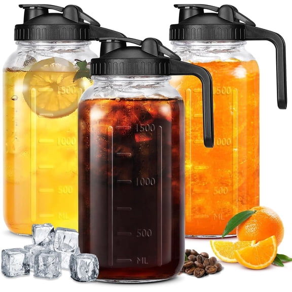 3 Pack 64oz Glass Pitcher with Lid,2 Quart Marson Jars with Spout and Handle,Double Leak Proof Jug Sun Tea Pitcher Wide Mouth Creamer Container for Fridge,Beverage,Breast Milk, Ice, Coffee