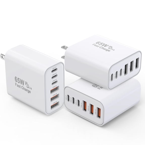 3 Pack 65W GaN Type C Wall Charger Block,6-Port Fast Charging Block,PD USB C Plug Adapter+QC Plug Compatible with Apple iPhone 17/17 Air/16E/16Pro Max/16Plus/16/15/14/13/12/11/XS Max,iPad Pro,AirPods