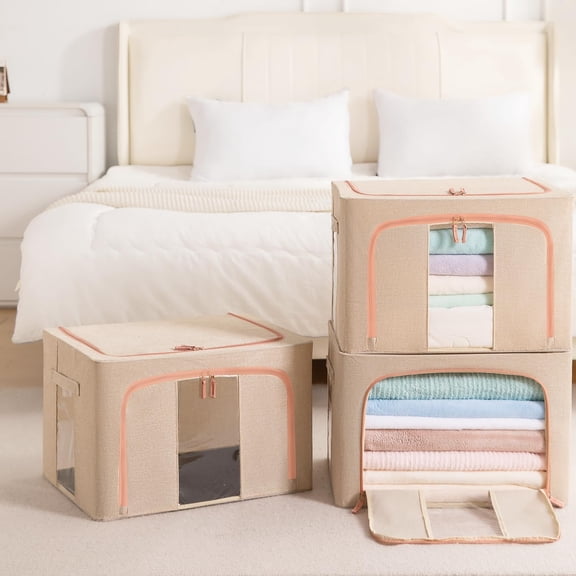 3 Pack 66L Stackable Clothes Storage Bins with Metal Frame Handles & Zipper, Collapsible Closet Organizer Box with Lid for Bedding Blankets Towel (Beige)