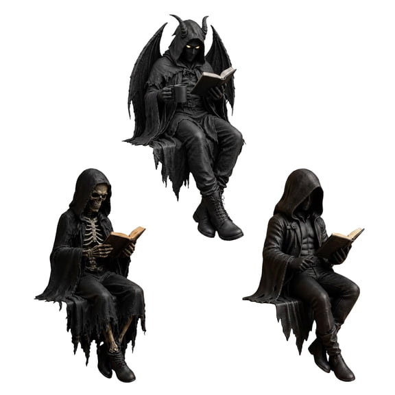 3 Pack Halloween Grim Reaper Statue Set, 7.09 Inch Assorted Hooded Figure Decor, Spooky Gothic Home Ornament for Holiday Party Display
