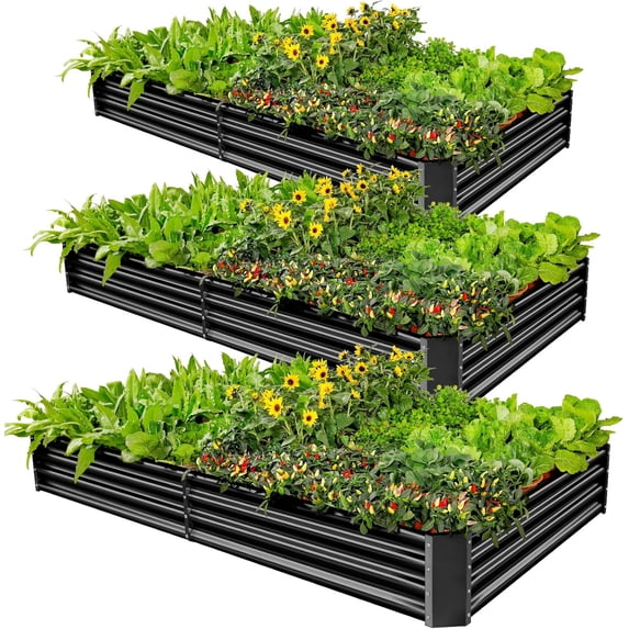 3 Pack 8×4×1ft Galvanized Metal Raised Garden Bed, Metal Planter Kit Box Outdoor for Deep-Rooted Vegetables, Flowers, Green and Herbs, Gray