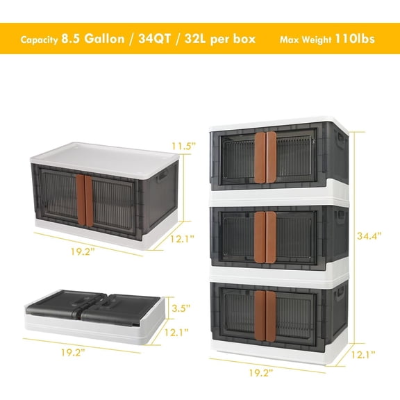3 Pack of 8.5 GAL Stackable Storage Bins with Lids, Plastic Collapsible Totes, Folding Box Storage Containers, Stacking Wardrobe Closet Organizer For Home Office Clothing Books