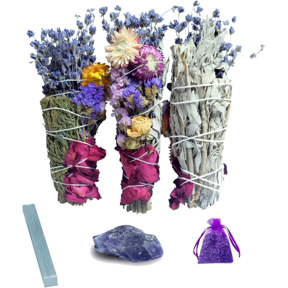 3 Pack 8.5" Sage Smudge Kit with Flowers Smudge Sticks California White Sage White Sage Cedar Selenite Amethyst for Home Religion Energy Spiritual Cleansing Blessing