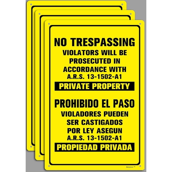 3 Pack 8" x 12" No Trespassing Violators Will Be Prosecuted in Accordance with ARS 13-1502-A1 Private Property Yellow Warning Sign
