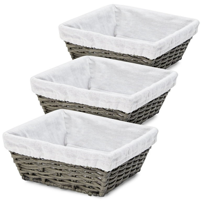 3-Pack 9 inch Square Wicker Storage Baskets with Liners - Small Woven Bins  for Organizing Kitchen, Closet Shelves, Bathroom, Laundry 