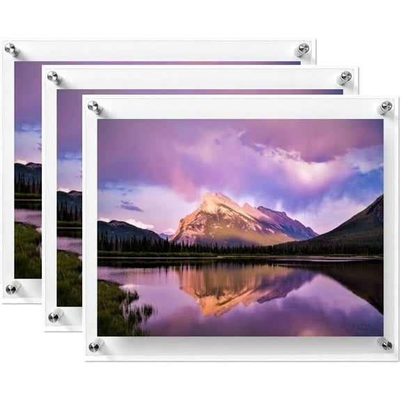 3 Pack (9" x 12") Clear Acrylic Wall Mount Floating Frameless Picture Frame Double Panel Plexiglass Display with Metal Standoff for Photos Artwork Posters Paintings (Full Frame is 11"x14")