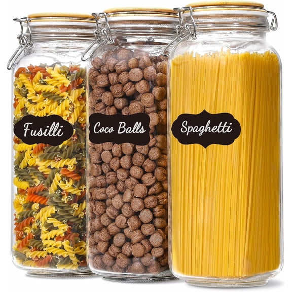 3 Pack 92oz Large Square WideMouth Glass Storage Jars with Airtight Lids, LeadFree Glass Mason Jars for Pantry Kitchen, Pasta & Dry Food Storage, with Labels