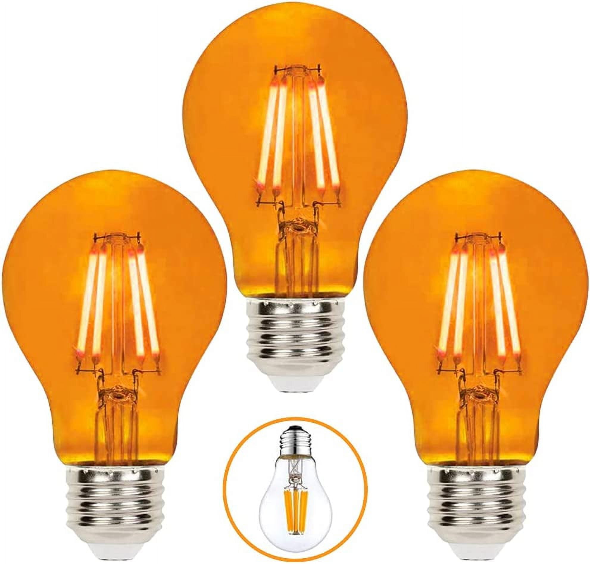 3 Pack A19 Filament LED Orange Light Bulbs E26 Base 8W 75 Watt