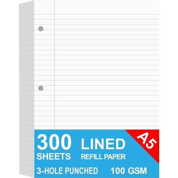 (3-Pack) A5 Filler Paper, 3 Hole Planner Refills, Organizer, Loose-leaf Binder Paper, Total 300 Sheets/600 Pages, Lined, 100gsm, White, 5.8 x 8.2 Inch, 3 Hole Filler Paper, Mini Binder Refill Inserts
