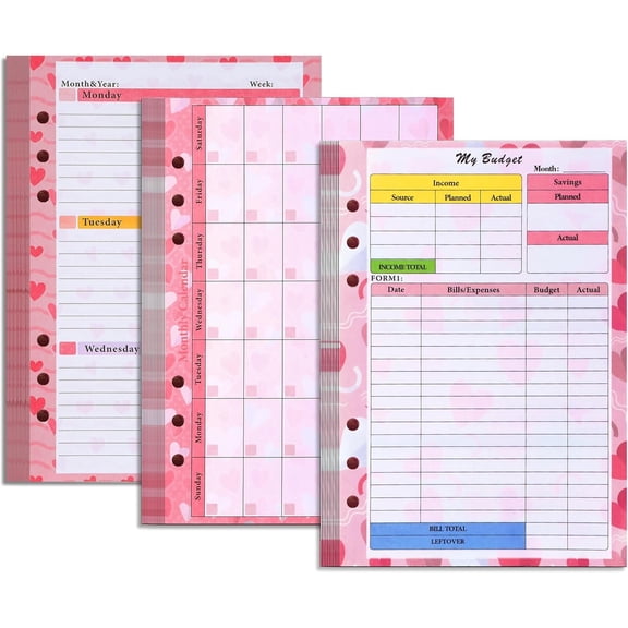 3 Pack A5 Planner Refill 82 Sheet Colored Monthly Weekly Planner Refill Paper 6 Hole Budget Sheets Expense Inserts for A5 Binder Cover Bill Saving Organizer,