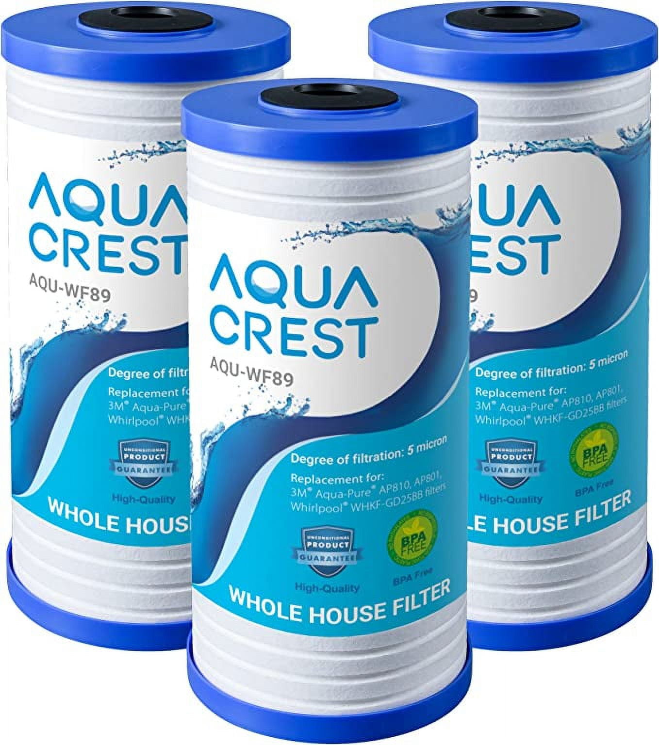AQUA CREST 3 Pack AQUACREST WHKF-GD25BB Whole House Water Filter, Replacement for 3M Aqua-Pure AP810, AP801, AP811, Whirlpool WHKF-GD25BB, WHKF-DWHBB, 5 Micron, 10" x 4.5", Well & Tap Water Filter, Pack of 3