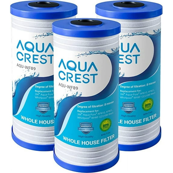3 Pack AQUACREST WHKF-GD25BB Whole House Water Filter, Replacement for 3M Aqua-Pure AP810, AP801, AP811, Whirlpool WHKF-GD25BB, WHKF-DWHBB, 5 Micron, 10" x 4.5", Well & Tap Water Filter, Pack of 3