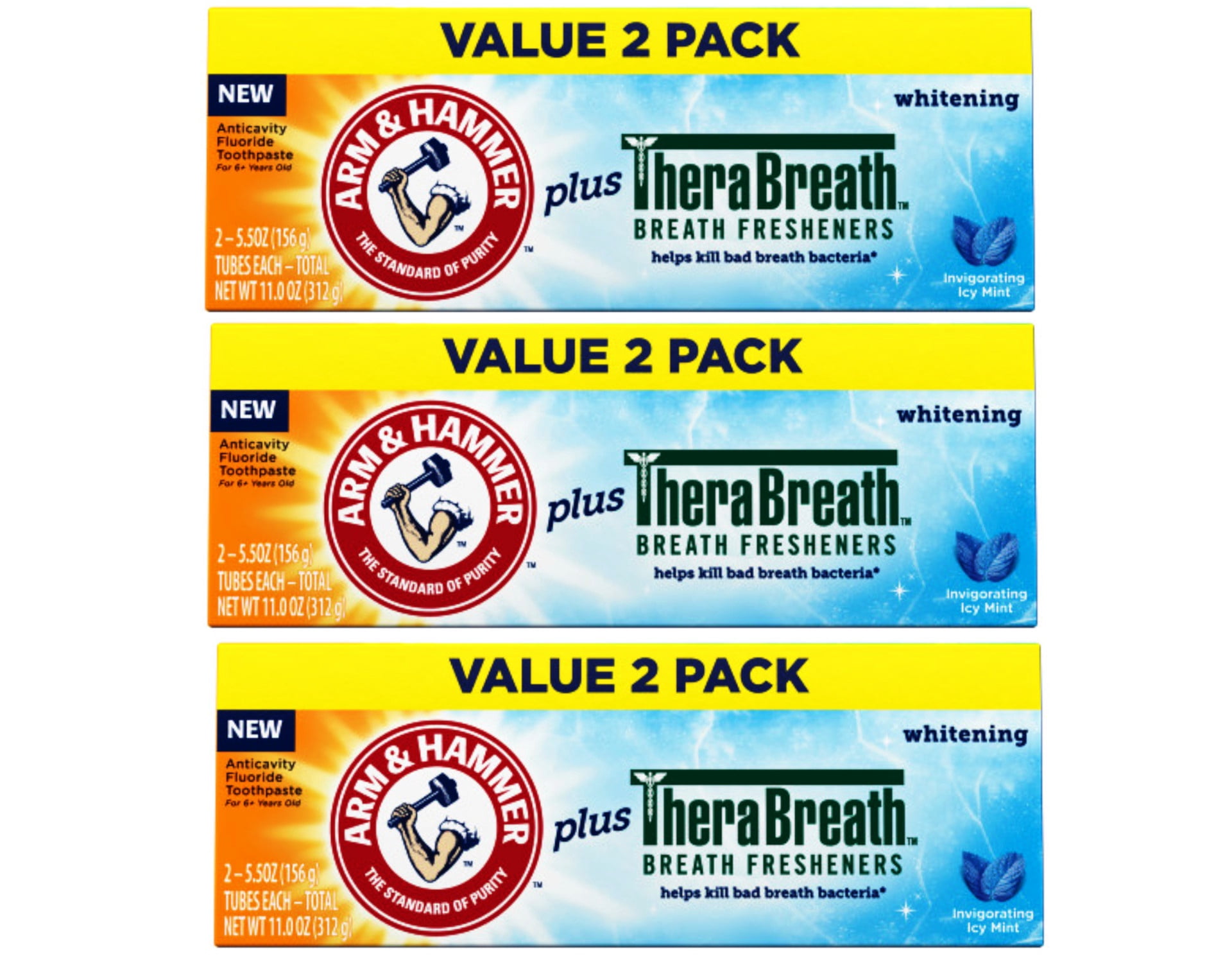 3 Pack - ARM & HAMMER Toothpaste Plus TheraBreath Breath Fresheners, Invigorating Icy Mint Flavor, Whitening Anticavity Fluoride Toothpaste for Bad Breath, 11 Oz