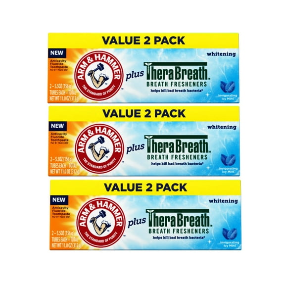 3 Pack - ARM & HAMMER Toothpaste Plus TheraBreath Breath Fresheners, Invigorating Icy Mint Flavor, Whitening Anticavity Fluoride Toothpaste for Bad Breath, 11 Oz