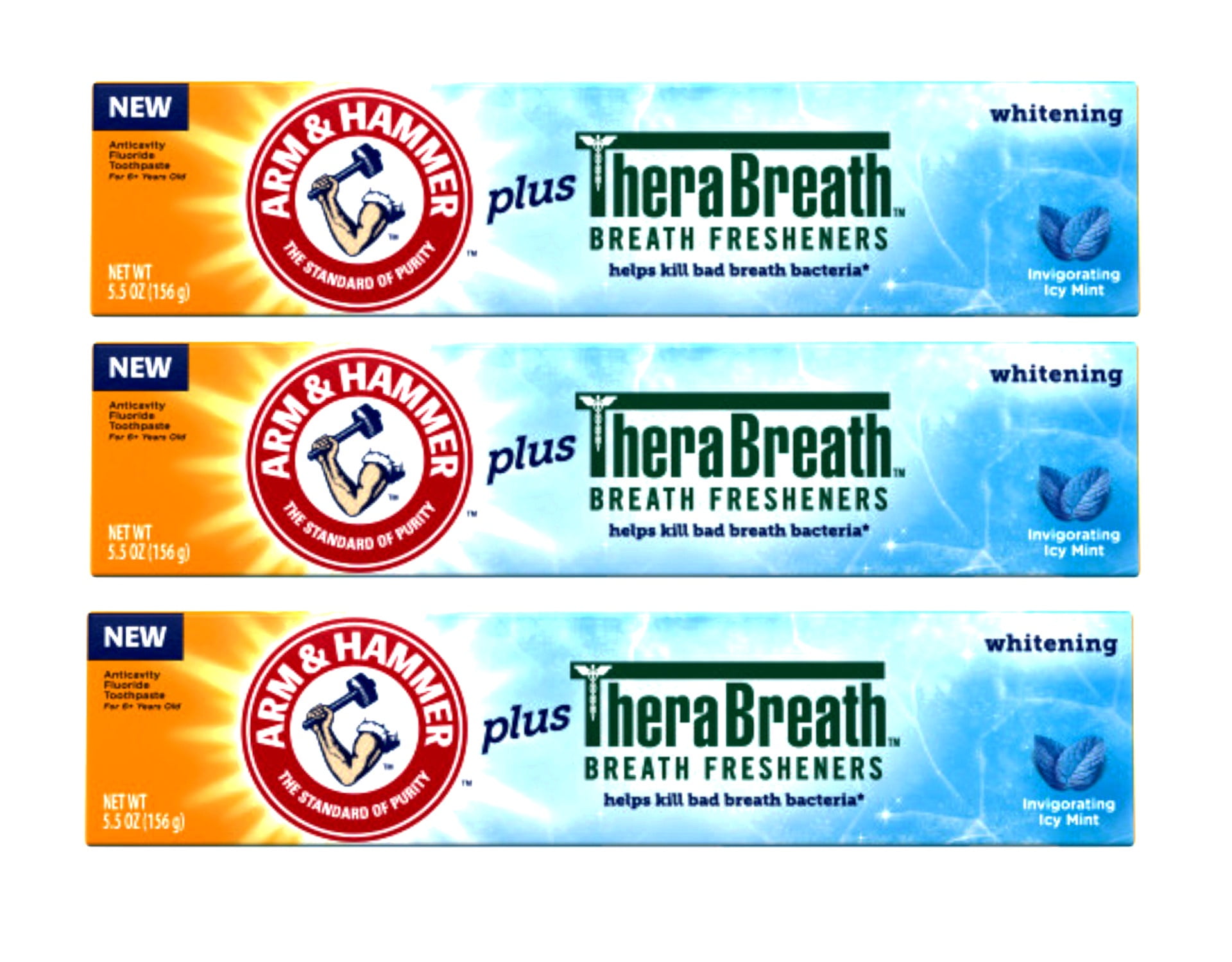 3 Pack - ARM & HAMMER Whitening Toothpaste Plus Therabreath Breath Fresheners, Invigorating Icy Mint Flavor, 5.5 oz