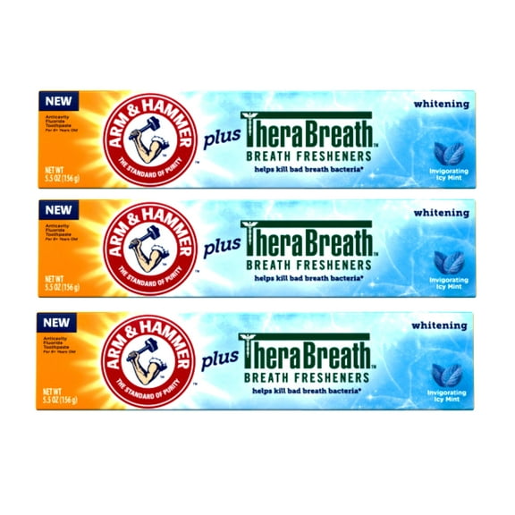 3 Pack - ARM & HAMMER Whitening Toothpaste Plus Therabreath Breath Fresheners, Invigorating Icy Mint Flavor, 5.5 oz