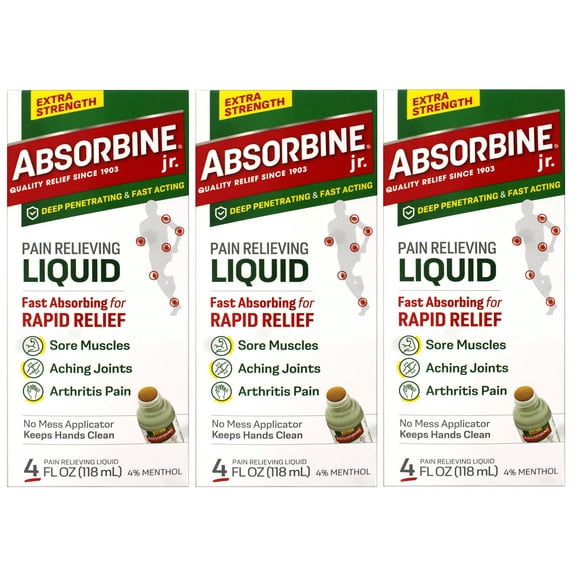 3 Pack - ABSORBINE JR. Extra Strength Pain Relieving Liquid, for Muscle, Joints, Arthritis Pain, with No-Mess Applicator, 4 Oz