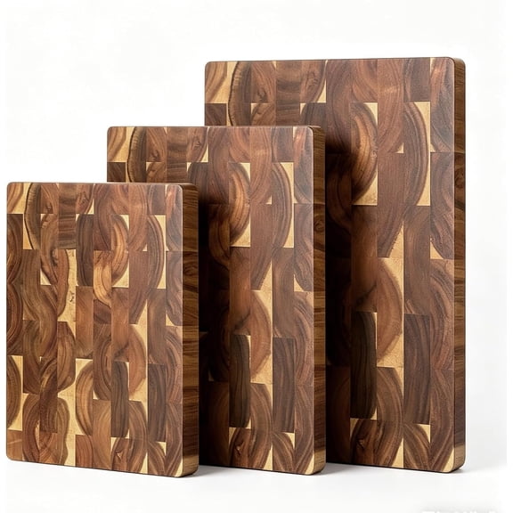 3 Pack Acacia End-Grain Board Set, End Grain Wooden Chopping Board, Heavy Duty Non Slip for Kitchen Prep & Charcuterie Serving, Butcher Block House Warming