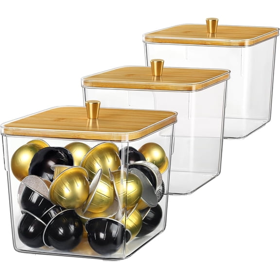 3 Pack Acrylic Coffee Pods Organizer Containers Clear Storage Bins with Bamboo Lid, Large Capacity Plastic Jars 125 OZ with Lids for K-Cups Pods, Laundry Pods, Dishwash Pods, Candy