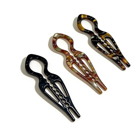 3-Pack Acrylic Hair Fork Pins for Women, French Twist Hair Pins, Tortoise Shell & Black Updo Hair Clips, Polished Smooth Edges, Lightweight Hair Accessories