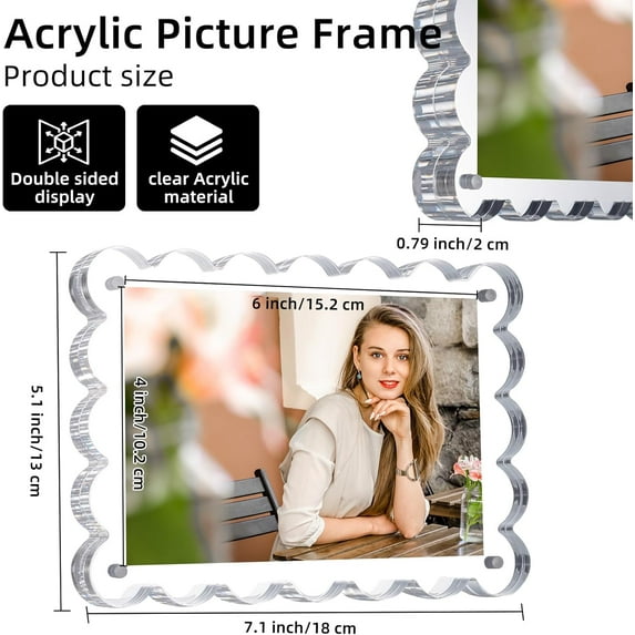 3 Pack Acrylic Picture Frame, 4x6inch Magnetic Clear Scalloped Frames, Protected for Desktop Display