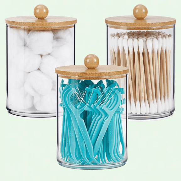 3 Pack Acrylic Qtip Holder Dispenser with Bamboo Lids, Bathroom Organizer, Clear Plastic Jars Apothecary