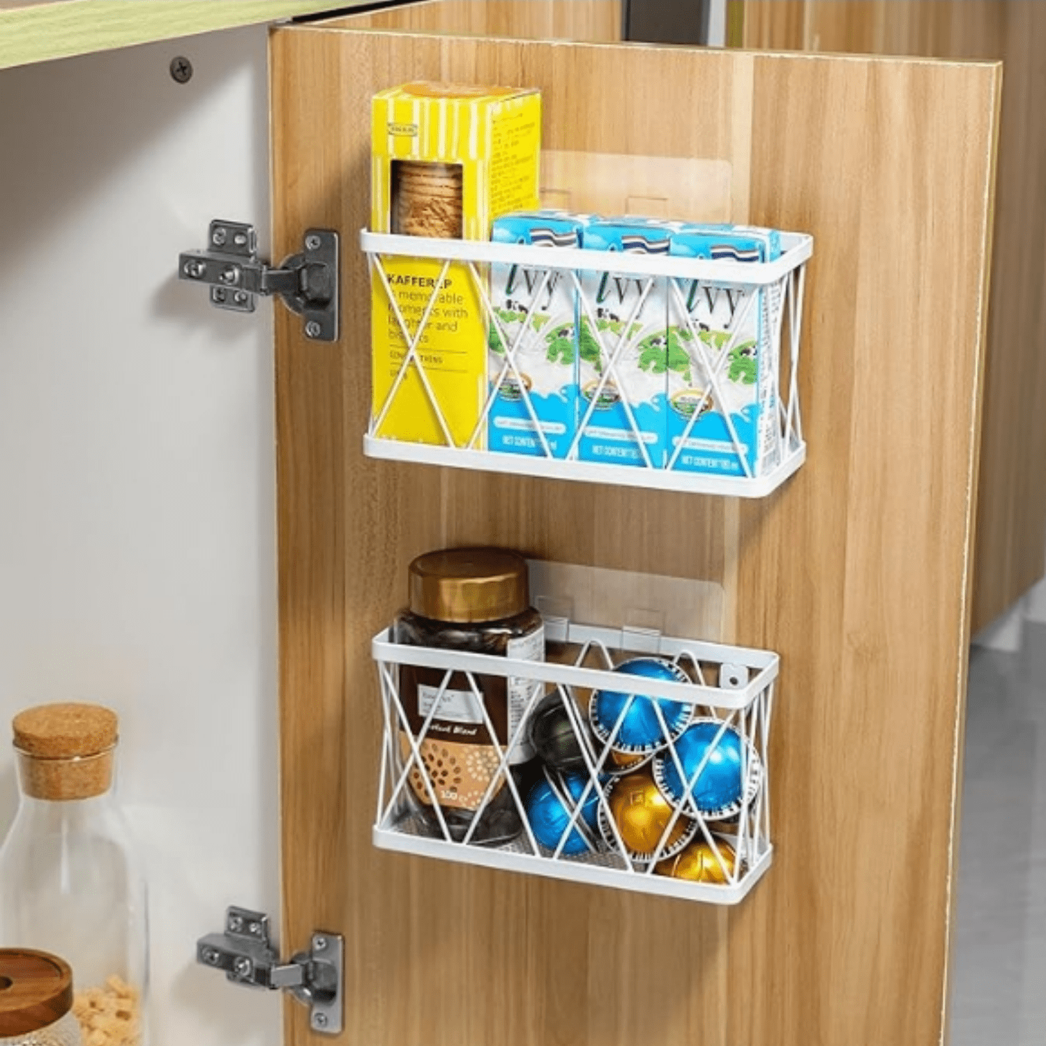 3 Pack Adhesive Cabinet Door Organizer - Lid Storage Organizer, Wall Mounted Pantry Door Organizer Kitchen RV Storage Wall Under Sink Basket Slim Space, White Stainless Steel