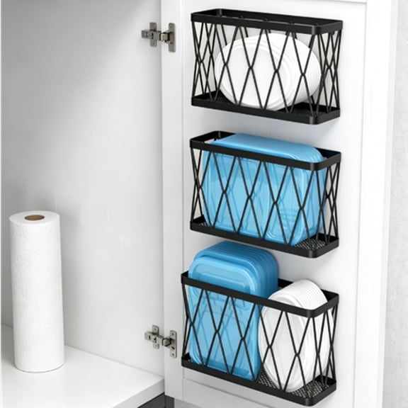 3 Pack Adhesive Cabinet Organizer Storage - Lid Organizer Wall Mounted Pantry Door Organizer Bin Holder for Tupperware Lid Kitchen Wall Under Sink Basket Slim Space Black Stainless Steel