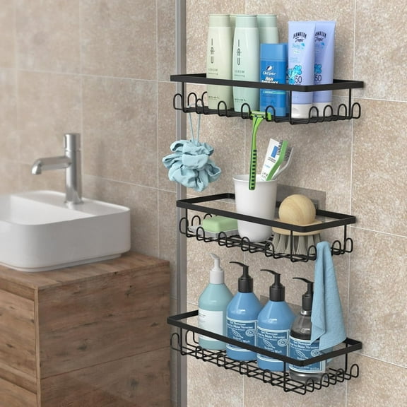 3 Pack Adhesive Shower Caddy with 36 Hooks, Shower Organizer with Large Capacity, Rust Proof Shower Shelves Drill Free, for Bathroom Storage & Home Decor, Black
