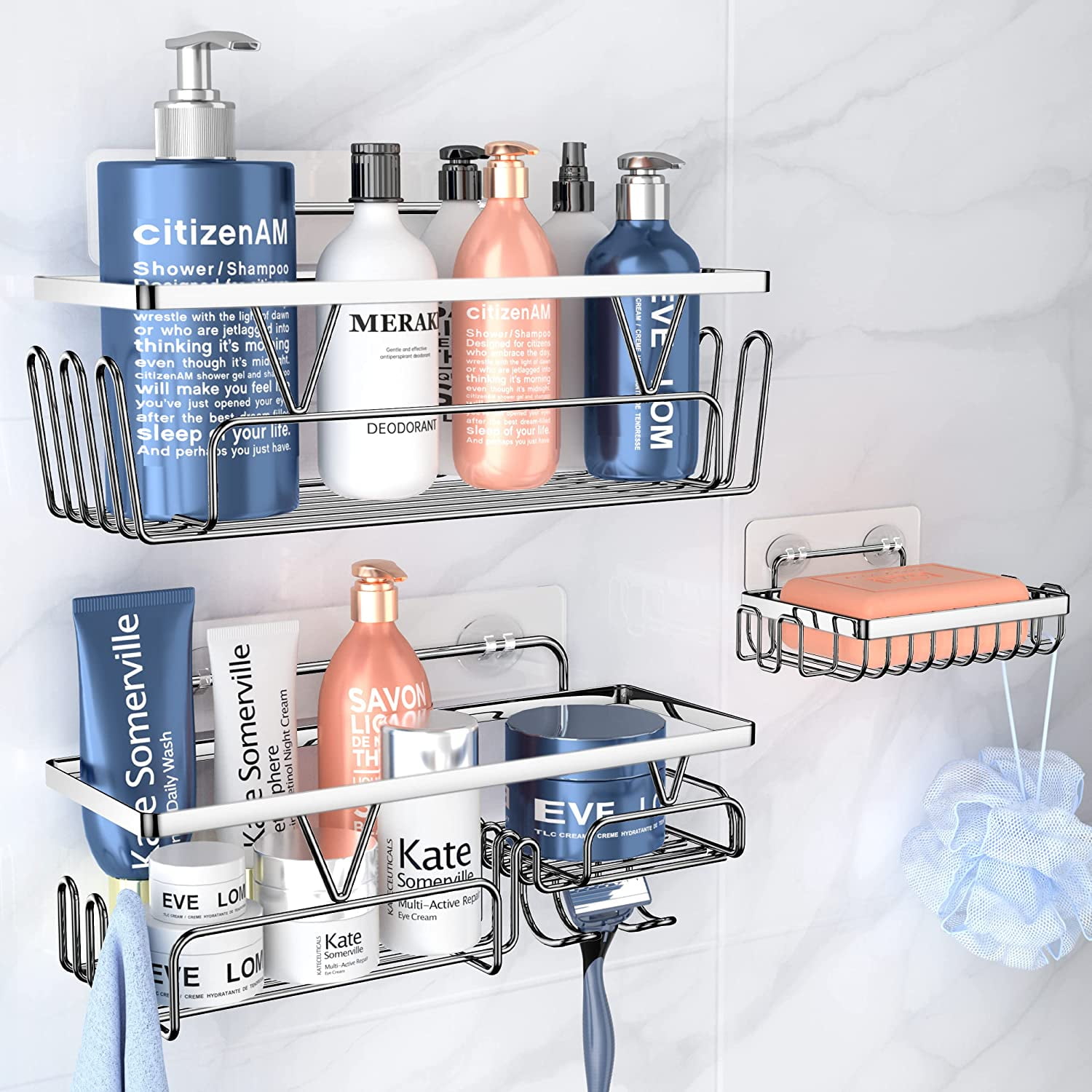 3 Pack Adhesive Shower Shelf Organizer Caddy with Soap Holder, Shower ...