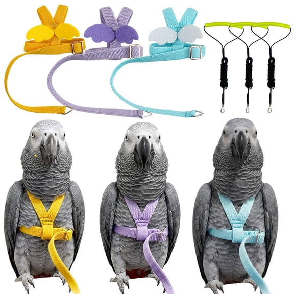 3 Pack Adjustable Bird Harness with Elastic Leash, Pet Parrot Harness and Leash, Adjustable Training Design Anti-Bite, Bird Nylon Rope with Cute Wing for Conure African Grey
