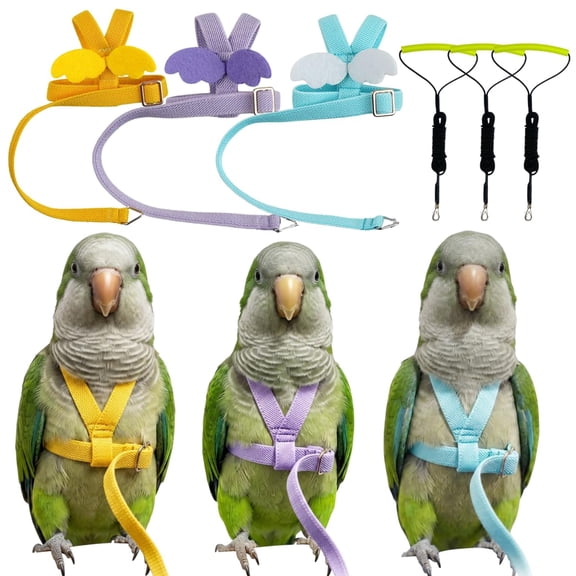 3 Pack Adjustable Bird Harness with Elastic Leash, Pet Parrot Harness and Leash, Adjustable Training Design Anti-Bite, Bird Nylon Rope with Cute Wing for Conure African Grey