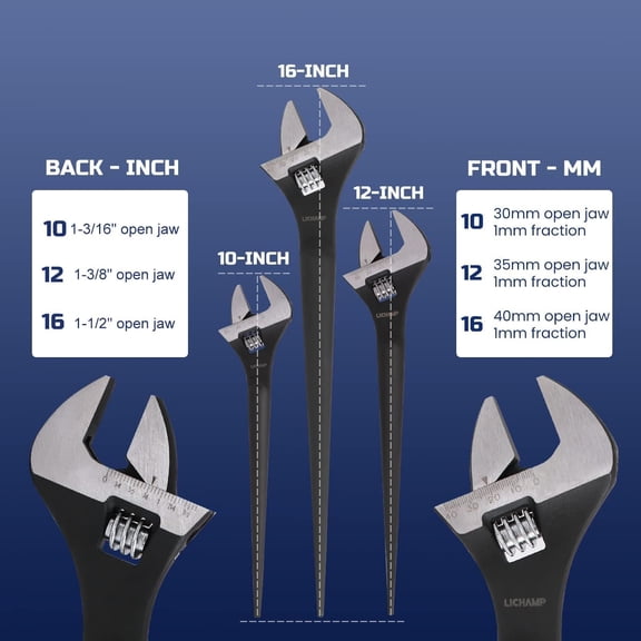 3-Pack Adjustable Construction Spud Wrench Set 10 12 16 Inches