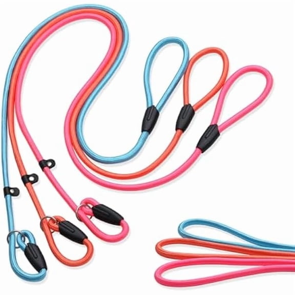 3-Pack Adjustable Dog Slip Leads Pink/Light Blue/Orange - Super-Strong, Easy On/Off, No Collar Needed, Standalone Use, Eye-Catching for Walking/Training