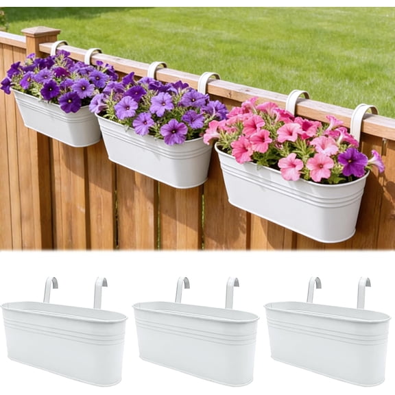 3-Pack Adjustable Hanging Flower Pots, Metal Railing Planter Boxes 16 Inch, Black Heavy Duty Planters for Outdoor, Detachable Hook Design, for Balcony, Deck, Porch & Fence